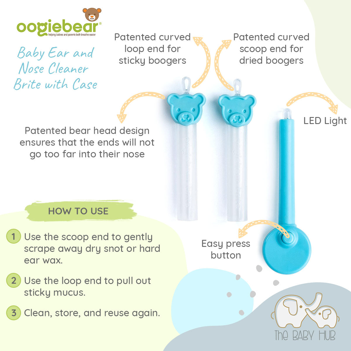 NEW - OOGIEBEAR-Brite - Lights up with one touch Removes Babys Boogers &  Earwax